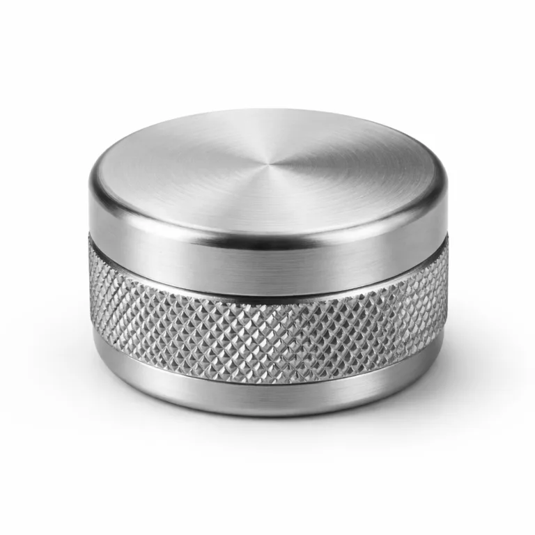 This variant features a zinc alloy knurled grip metal closure with a brushed silver finish and soft rounded edge, highlighting both grip and a smooth profile. Designed for precise closure applications and shown in a realistic studio setting.