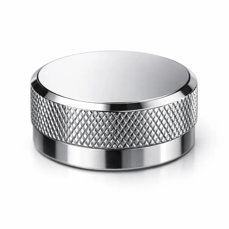 This variant showcases a knurled grip metal closure crafted from stainless steel with a high-polish mirror finish and crisp beveled edge, giving an elevated, modern look suitable for luxury hardware.