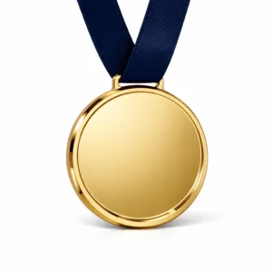 A limited edition collector medal made from zinc alloy, featuring a polished gold finish with a crisp beveled edge and minimal plain dark blue ribbon, photographed in a high-realism studio setup.