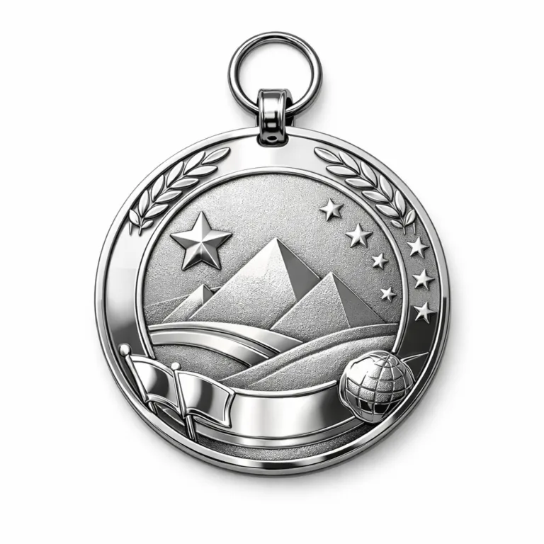 A flat 2D limited edition collector medal with a stainless steel visual look, shiny nickel plating, sandblasted matte surface, and a standard ring for attachment, shown on a clean white studio background.