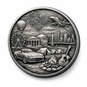 A limited edition event souvenir coin crafted from zinc alloy with an antique silver finish. The coin showcases a detailed 3D relief design with a crisp beveled edge, ideal for collectors and commemorative gifting.