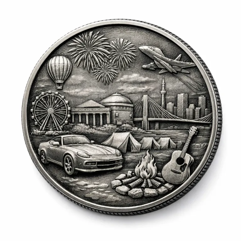 A limited edition event souvenir coin crafted from zinc alloy with an antique silver finish. The coin showcases a detailed 3D relief design with a crisp beveled edge, ideal for collectors and commemorative gifting.
