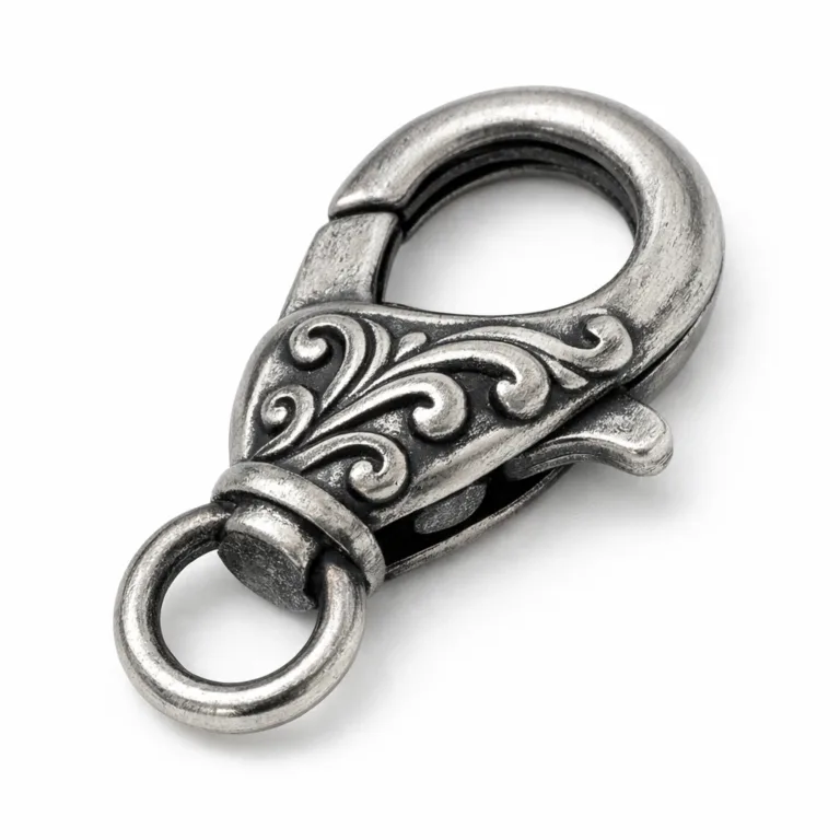 Zinc alloy lobster clasp in antique silver style, featuring subtle 3D relief details and a brushed matte texture. Suitable for vintage-themed jewelry making.
