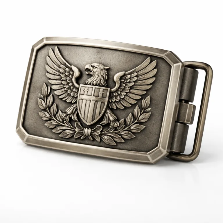 A brass-look logo engraved buckle featuring an antique silver finish and sandblasted matte surface. The emblem is presented in 3D relief with crisp beveled edges, offering a tactile vintage appeal. Precision studio photography for online catalogs.