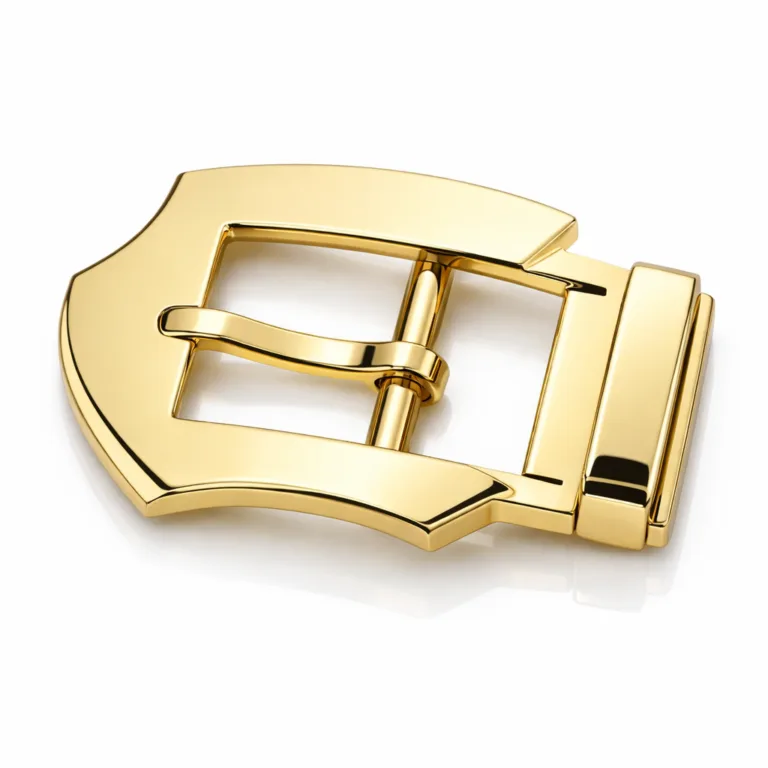 A zinc alloy logo engraved buckle with a highly polished gold mirror finish, 2D flat design, and a unique custom silhouette. Its striking shine and bespoke shape make it ideal for premium products. Shown with commercial lighting on a clean background.