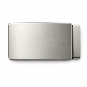 A logo engraved buckle crafted from zinc alloy with a modern matte nickel finish, brushed texture, and a flat 2D profile. The edges are softly rounded for a smooth, contemporary look. Studio-lit, suitable for commercial product listings.