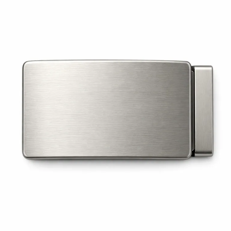 A logo engraved buckle crafted from zinc alloy with a modern matte nickel finish, brushed texture, and a flat 2D profile. The edges are softly rounded for a smooth, contemporary look. Studio-lit, suitable for commercial product listings.