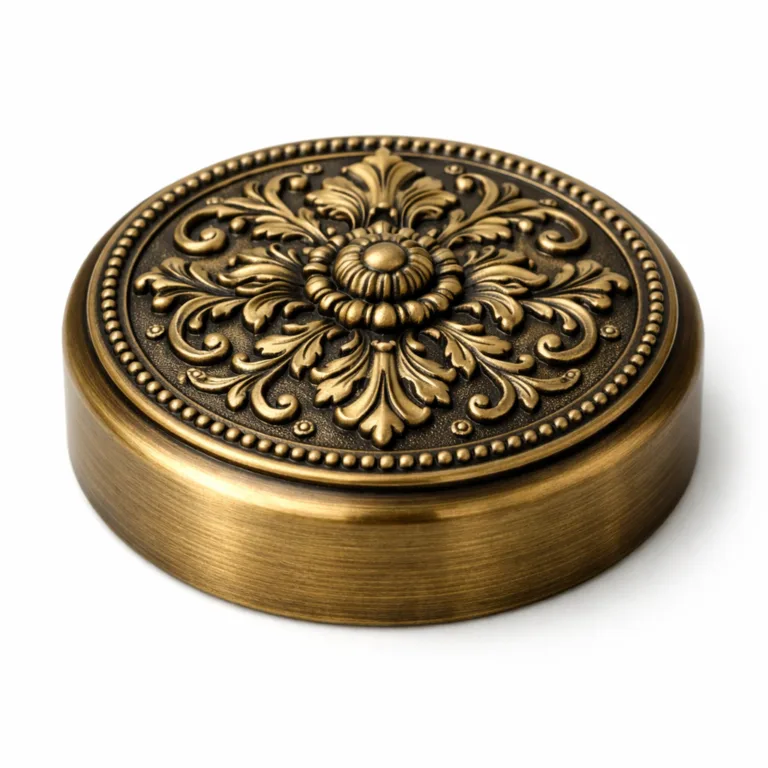 A decorative jar lid top constructed of brass with an antique brass finish, highlighted by a detailed 3D relief pattern on the lid's surface and a gently rounded edge.