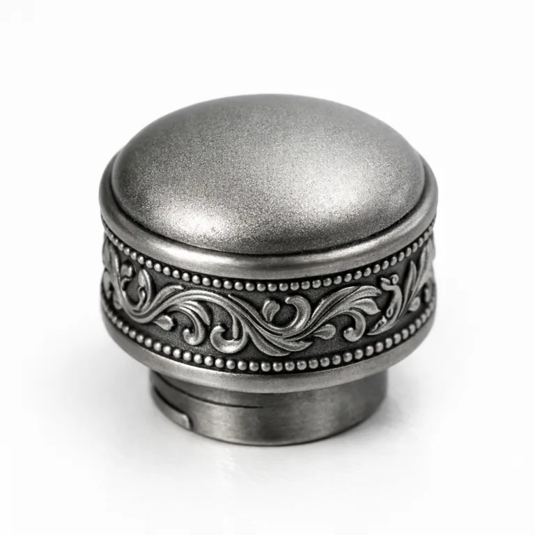 This luxury bottle cap showcases an antique silver plated zinc alloy body with a soft rounded edge and sandblasted matte texture. The subdued finish exudes a refined, vintage character. Shot with high realism, perfect for catalog imagery.