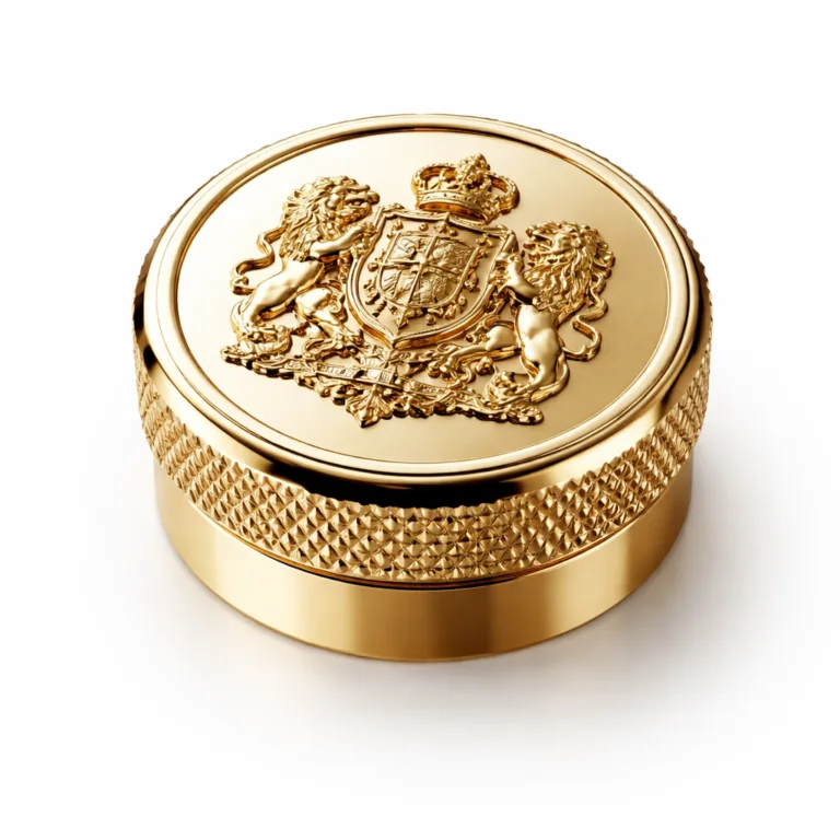 A luxury spirits bottle cap made from zinc alloy with a polished gold finish, featuring a crisp beveled edge and a 3D relief emblem in the center. Studio photography highlights the rich reflective surface, ideal for upscale e-commerce presentation.