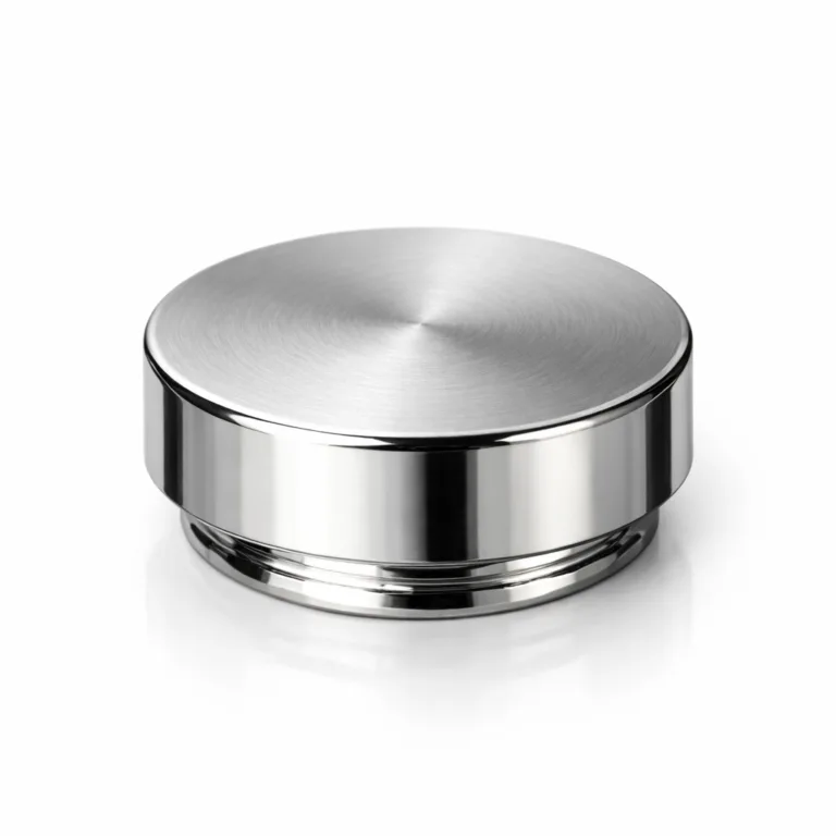 A flat-profile luxury spirits bottle cap with a shiny nickel plated finish and horizontal brushed surface. The zinc alloy construction provides durability, while the brushed texture adds sophistication. Perfect for premium bottle packaging visuals.