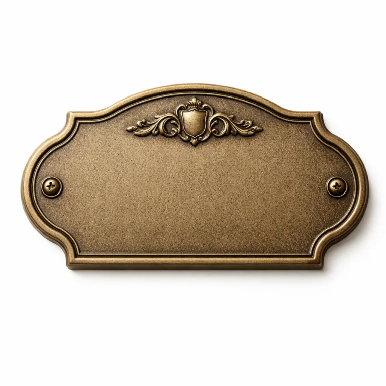 Antique brass finish machine equipment nameplate with a sandblasted matte surface and engraved emblem, constructed with softly rounded corners and drilled holes at each end.