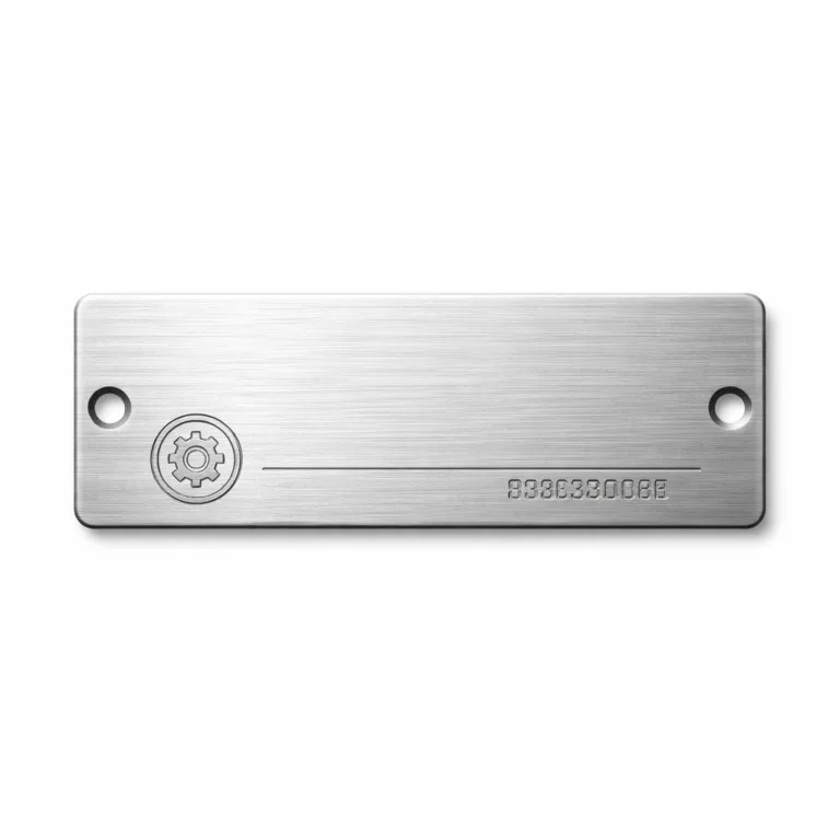gr machine equipment nameplate brushed screw A machine equipment nameplate crafted from brushed aluminum, featuring engraved emblem and serial number. Rectangular design with two precisely positioned screw holes for secure attachment.