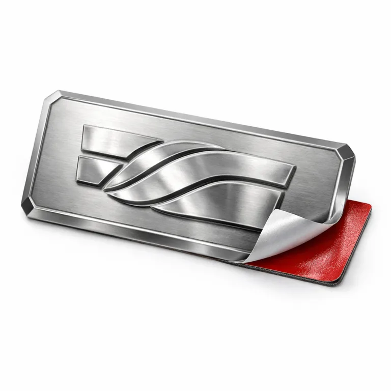 Matte stainless steel machine equipment nameplate showing a 3D-relief emblem and beveled edges. The rear adhesive backing is partially visible for display.