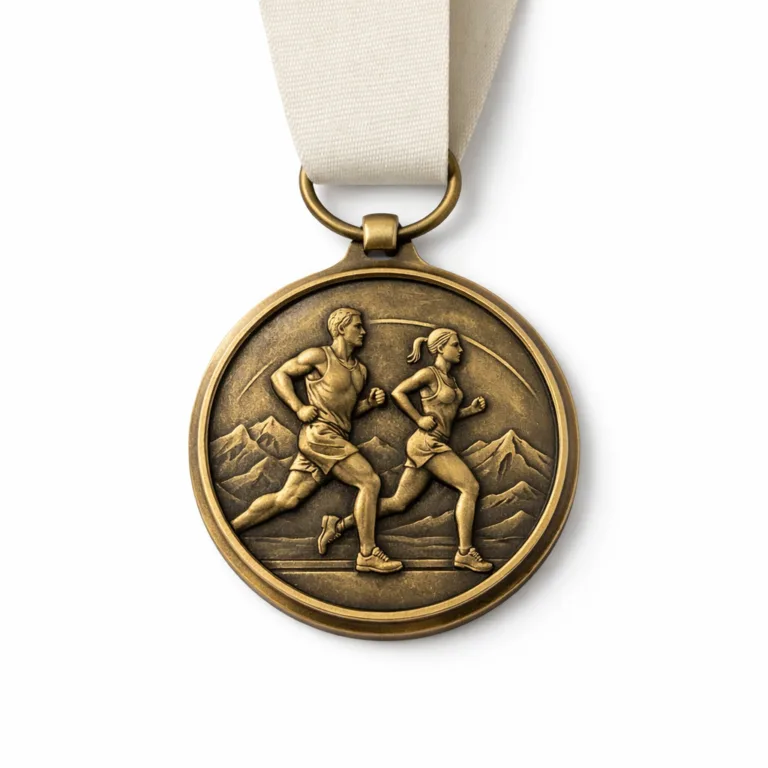 A high realism image of a marathon running medal crafted from brass with an antique brass finish and crisp beveled edges. Presented with a standard ring and minimal plain ribbon, offering a prestigious appearance for award ceremonies.