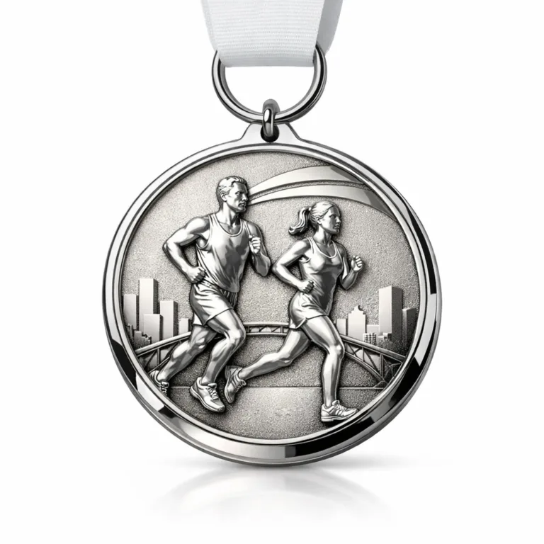 A stainless steel marathon medal featuring shiny nickel plating, sandblasted matte texture for a refined touch, and a 3D relief center. Comes with a standard ring and a simple plain ribbon, highlighting the event's prestige.