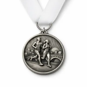 A zinc alloy marathon running medal featuring an antique silver finish and soft rounded edges, shown with a standard ring attachment and a minimal plain ribbon. Designed for durability with a classic look, perfect for marathon event awards.