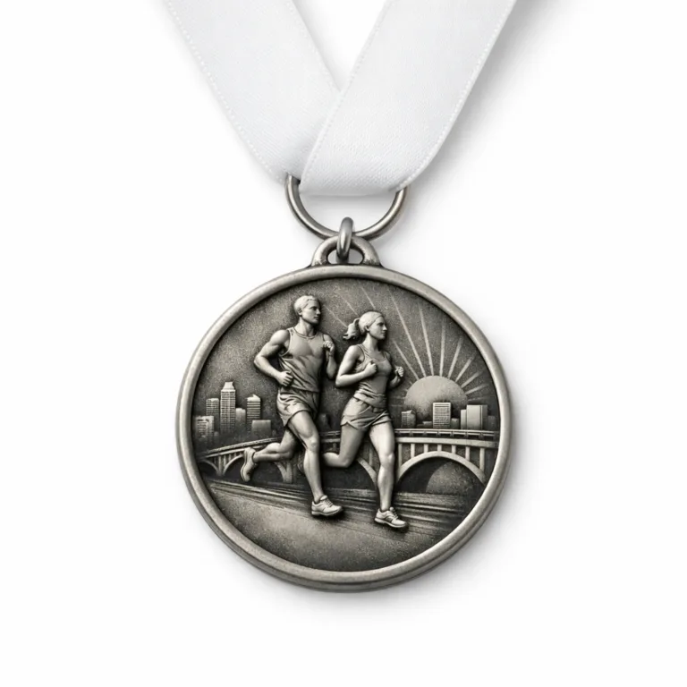 A zinc alloy marathon running medal featuring an antique silver finish and soft rounded edges, shown with a standard ring attachment and a minimal plain ribbon. Designed for durability with a classic look, perfect for marathon event awards.