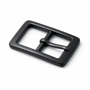 A high realism studio image of a matte black plated buckle made from zinc alloy, featuring a softly rounded edge design and a timeless rectangular form. Ideal for modern belts or bags.
