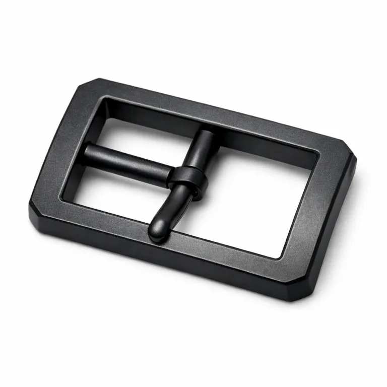 A stainless steel matte black plated buckle with a sandblasted finish for added texture, showing off clean, beveled edges. Perfect for contemporary hardware applications.