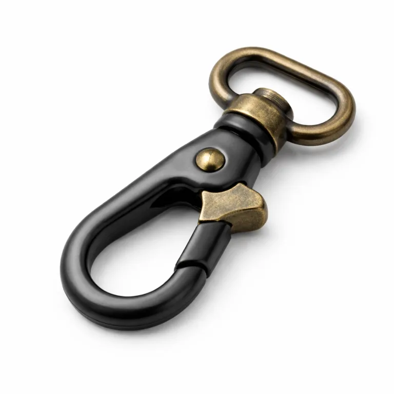 Matte black clasp hook variant with an antique brass finish, produced in a sleek 2D flat profile for a vintage touch. Presented with sharp detail for e-commerce use.