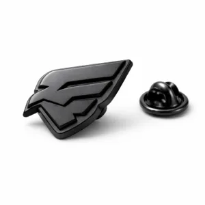 A matte black electroplated badge showcasing a 3D relief emblem and soft rounded edges. The badge is shown from a lapel pin view with a butterfly clutch back attachment. High realism and sharp details make it ideal for e-commerce use.