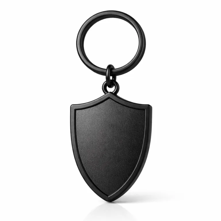 A zinc alloy keychain with a distinctive shield silhouette, featuring a sandblasted matte black plated surface for added grip and style, complete with a split ring.