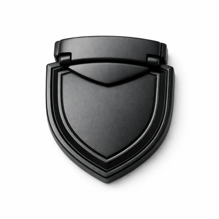 Shield-shaped matte black metal closure made from zinc alloy, highlighting raised 3D relief edges for distinctive visual appeal. The design enhances grip while offering a decorative, yet functional, closure solution.