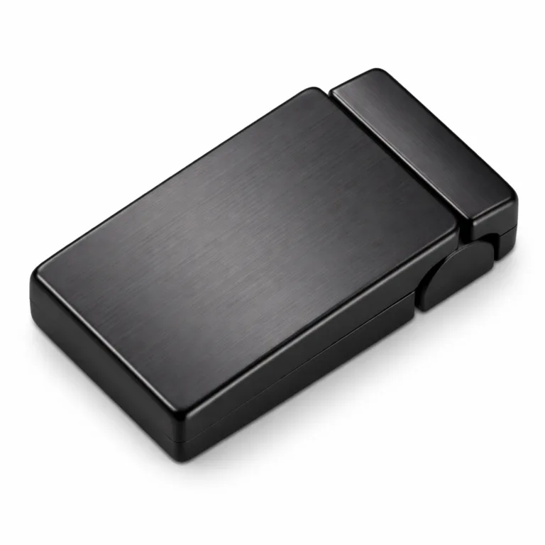 This variant features a rectangular matte black metal closure crafted from stainless steel, with a subtle brushed finish and soft rounded edges for a clean, modern appearance. Robust and stylish, ideal for a variety of closure applications.