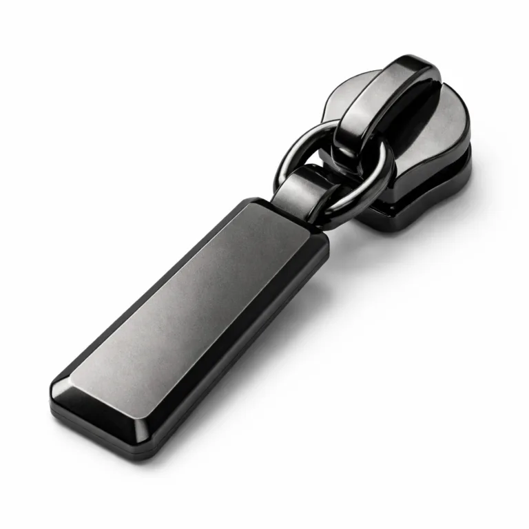 A zipper puller with a matte black nickel finish, made to visually resemble stainless steel. Features crisp beveled edges for a modern look, captured in high-detail studio photography.