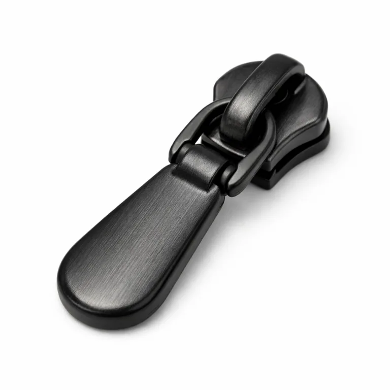 A matte black zipper puller crafted from zinc alloy with a brushed surface texture and soft rounded edges, photographed in a studio on a white background for sharp detail and realism.