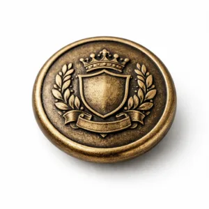 A classic metal jeans button made from zinc alloy with an antique brass finish. Features a soft rounded edge and an embossed emblem-style logo on its round face, photographed on a clean white background.