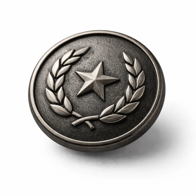 A round metal jeans button in a brass look with a matte black nickel finish, featuring a sandblasted textured surface and a prominent 3D relief emblem-style logo. Photographed on a plain white background.