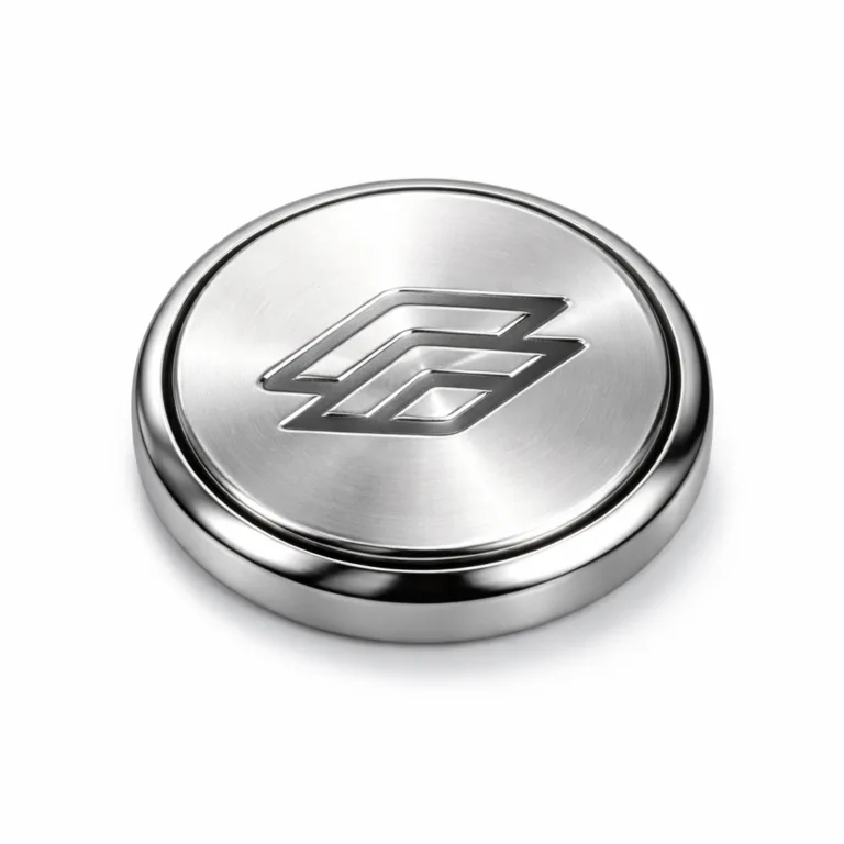 A durable metal jeans button featuring a stainless steel appearance with shiny nickel plating, crisp beveled edge, and a flat surface showing a laser-etched emblem logo. Displayed clearly on a white background.