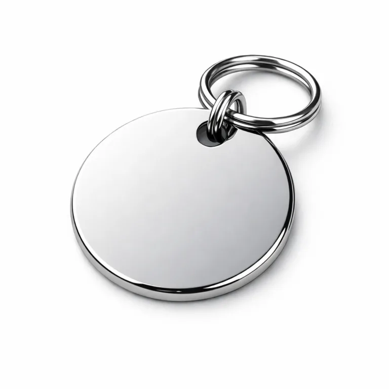 A round, highly polished nickel metal label plate with a 2D flat surface, attached to a sturdy split ring for use as a key tag or accessory. No enamel, exemplifying clean minimalist design.