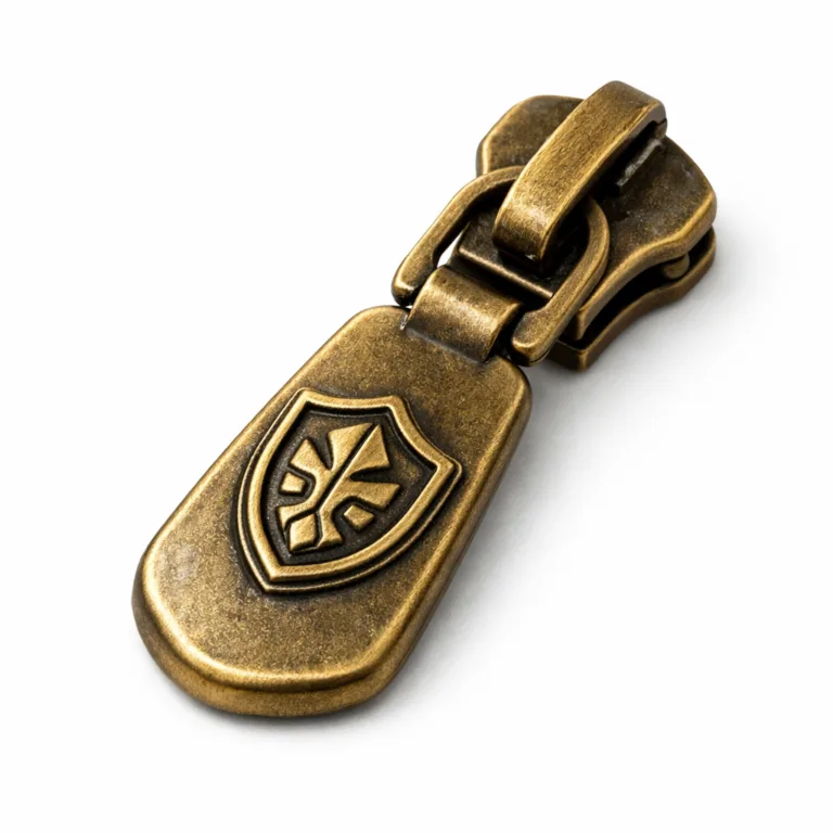 A studio shot of a metal zipper puller in antique brass, featuring soft rounded edges and a raised 3D emblem for the logo, giving it a classic crafted appearance.