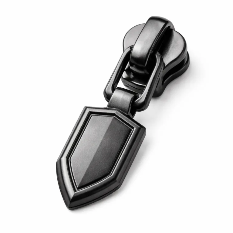 A commercial photo of a metal zipper puller with a sandblasted matte black nickel finish, shield-shaped face, crisp beveled edges, and a subtle raised logo emblem.