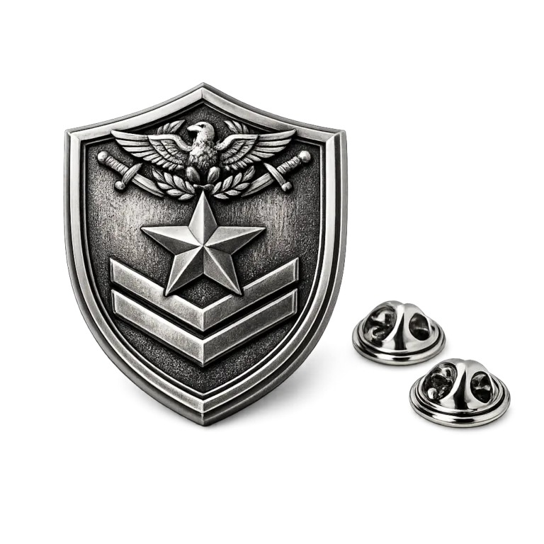 gr military style insignia antique silver Classic military-style insignia badge made of zinc alloy with an antique silver finish, featuring a shield silhouette and crisp beveled edge. The 3D relief emblem adds depth, and the butterfly clutch back ensures secure attachment. Perfect for uniforms and collections.