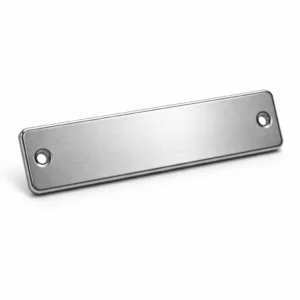 A minimalist rectangular metal label plate crafted in brushed stainless steel, featuring crisp beveled edges and two screw holes for easy installation. Ideal for use as a durable nameplate or identification tag.