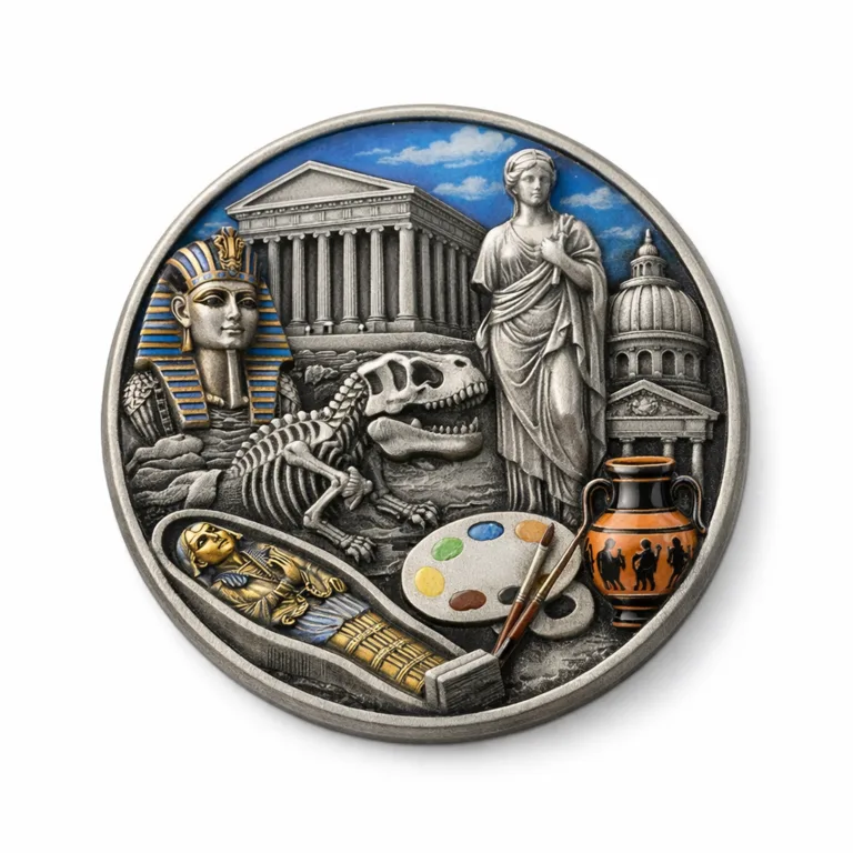 gr museum gift metal keepsake antique silver enamel A museum gift metal keepsake crafted from zinc alloy with an antique silver finish, featuring a round shape, raised 3D relief engraving, vibrant soft enamel color accents, and a gently rounded edge. Ideal for display or gifting.