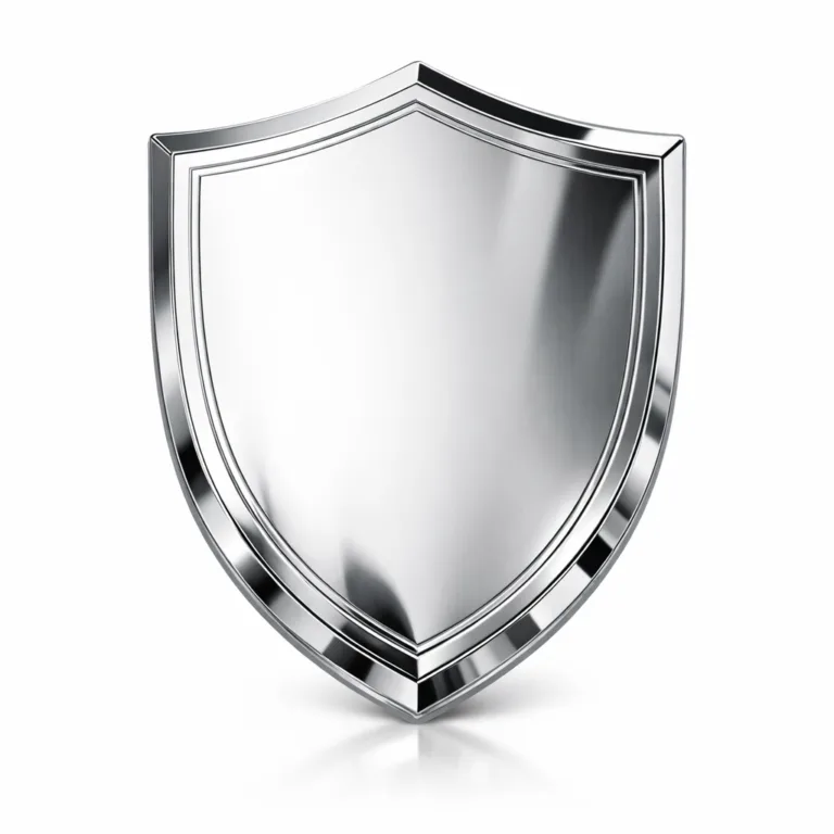 A museum gift keepsake crafted from stainless steel with shiny nickel plating, designed in a shield shape. The polished mirror finish and crisp beveled edge accentuate the finely engraved lines, making it an elegant display piece.