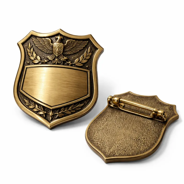 A premium shield-shaped name and title badge finished in antique brass, featuring a 3D relief unbranded emblem and polished mirror edge. Comes with a safety pin back for secure attachment.