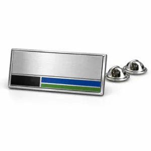 A modern zinc alloy name and title badge with a brushed silver finish, rectangular shape, crisp beveled edge, and colored soft enamel accent. Shown with butterfly clutch backing, ideal for professional identification.