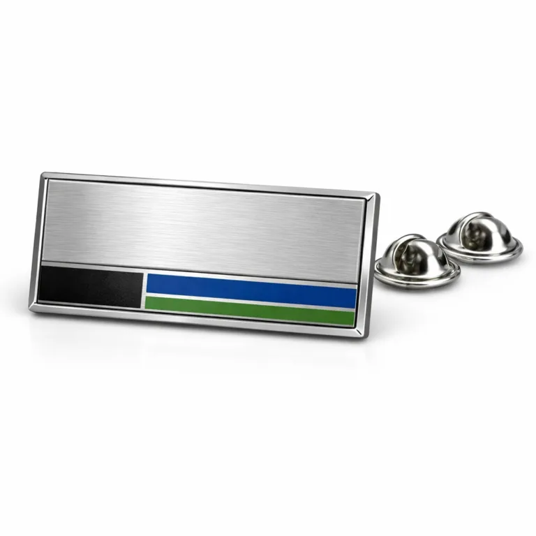 A modern zinc alloy name and title badge with a brushed silver finish, rectangular shape, crisp beveled edge, and colored soft enamel accent. Shown with butterfly clutch backing, ideal for professional identification.
