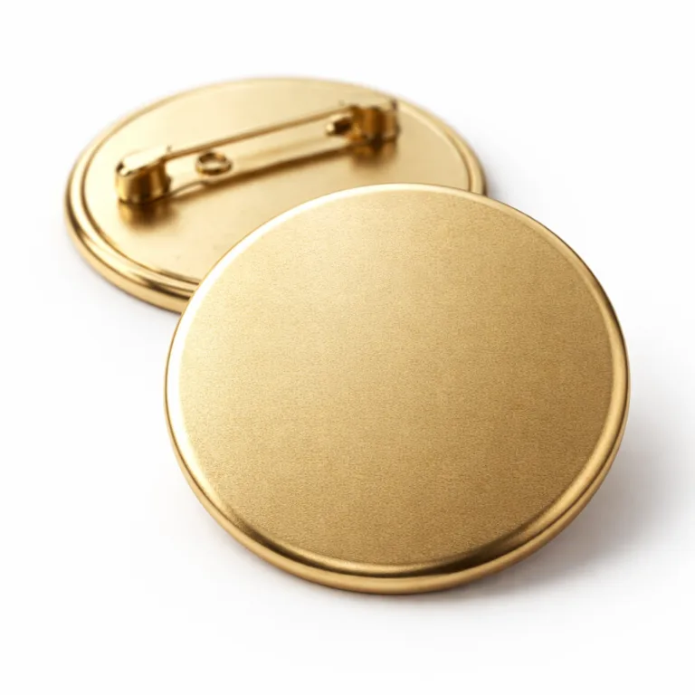A classic round name and title badge in zinc alloy with a sandblasted matte brushed gold finish. Features a soft, rounded edge and secure safety pin back, perfect for events or employee identification.