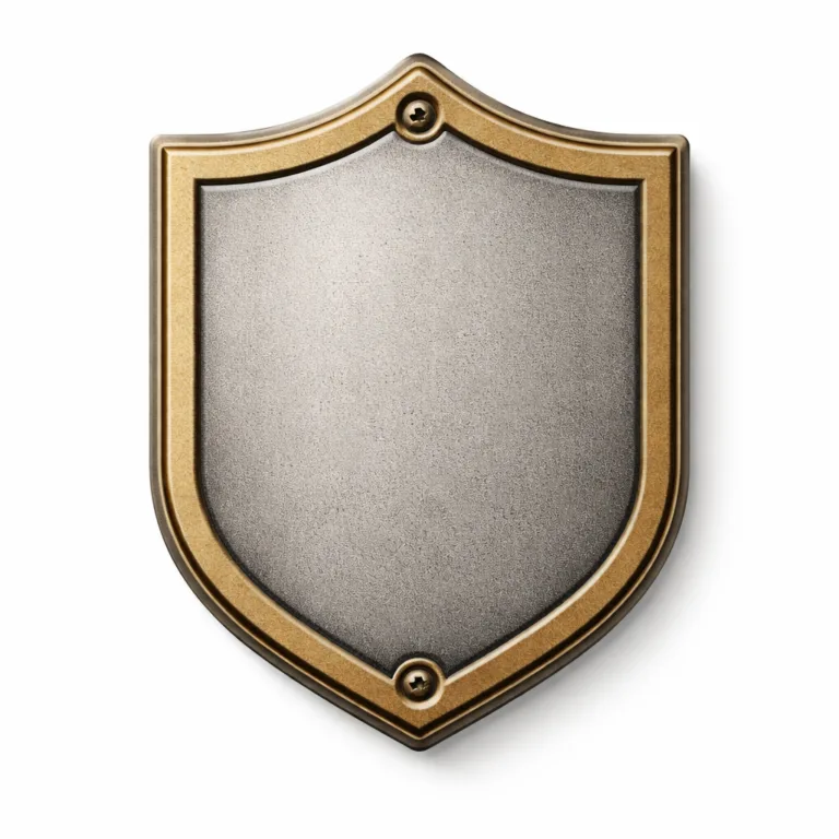 A shield-shaped nameplate crafted with matte antique silver and brass tones. It features a sandblasted texture and a soft rounded edge, with screw holes at the top and bottom for secure mounting.