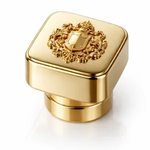 A premium perfume bottle metal closure crafted in zinc alloy with a polished gold finish, featuring an elegant 3D relief emblem on the top and a soft rounded edge. Captured in a realistic studio setting with sharp details, highlighting its luxury appeal.