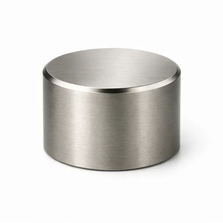A modern perfume bottle metal closure in zinc alloy, featuring a matte nickel brushed surface, flat top design, and crisp beveled edge. Displayed in a high-realism studio photo emphasizing its contemporary and refined aesthetic.