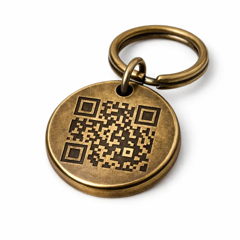 A realistic image showing a round QR code keychain tag with antique brass plating. Made to look like solid brass, it has a polished edge, gently etched details, and is attached to a split ring. Shown alone on a white background for clear e-commerce presentation.