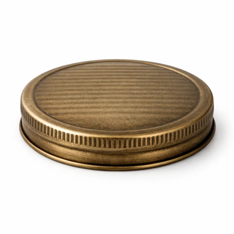 A zinc alloy ribbed texture metal lid in an antique brass finish, featuring a sandblasted matte surface and flat edge for a vintage, elegant appearance.